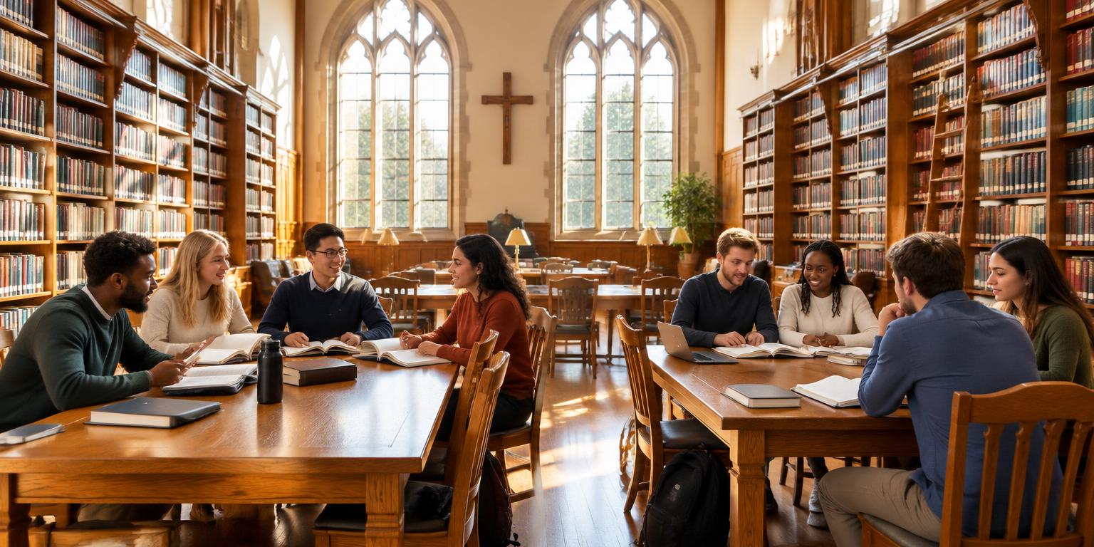 Students discussing ministry in a library