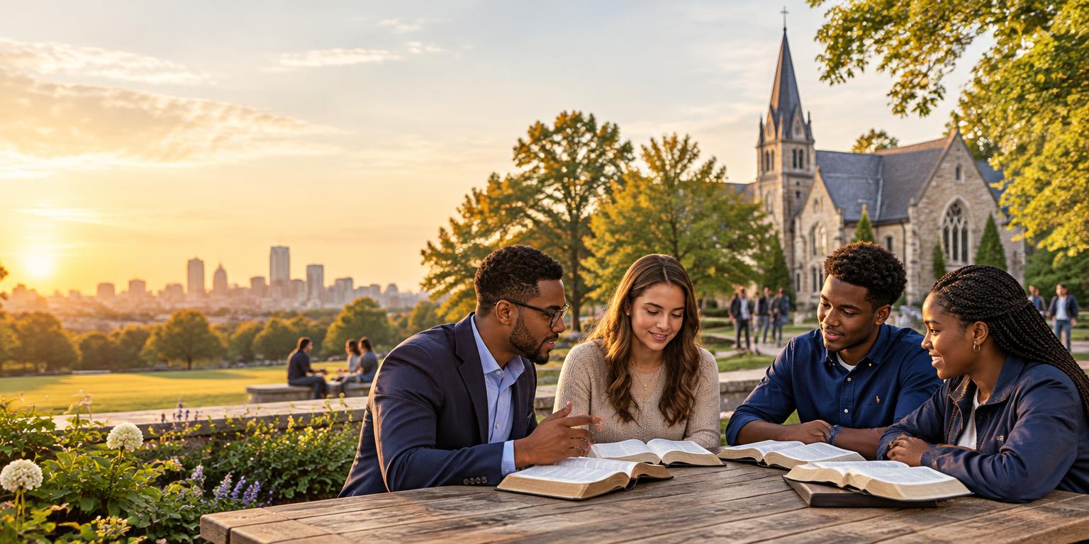 Leaders studying together on a church campus